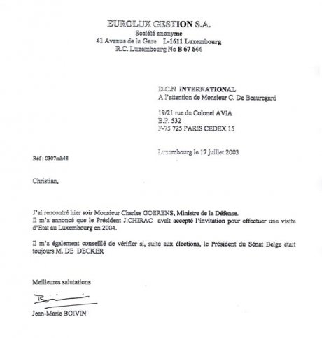 On a document with a header of Eurolux Gestion, the former executive of the DCNI tells his missions to a minister of Luxembourg.  - JPG - 22.9 ko