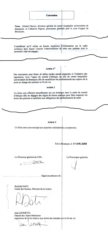 Le 17 avril 2008, une convention est signée entre le tribunal de Besançon, le CHU de Besançon et la ministre de la Justice sur le droit des malades en fin de vie - JPG - 55.9 ko